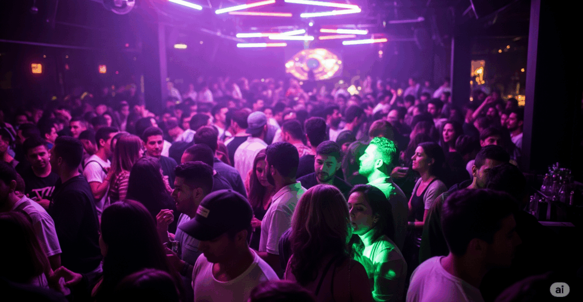 Energetic, smiling, multiracial individuals enjoying a Latin EDM festival in a smoky nightclub illuminated by flashing pink, purple, and blue lights.