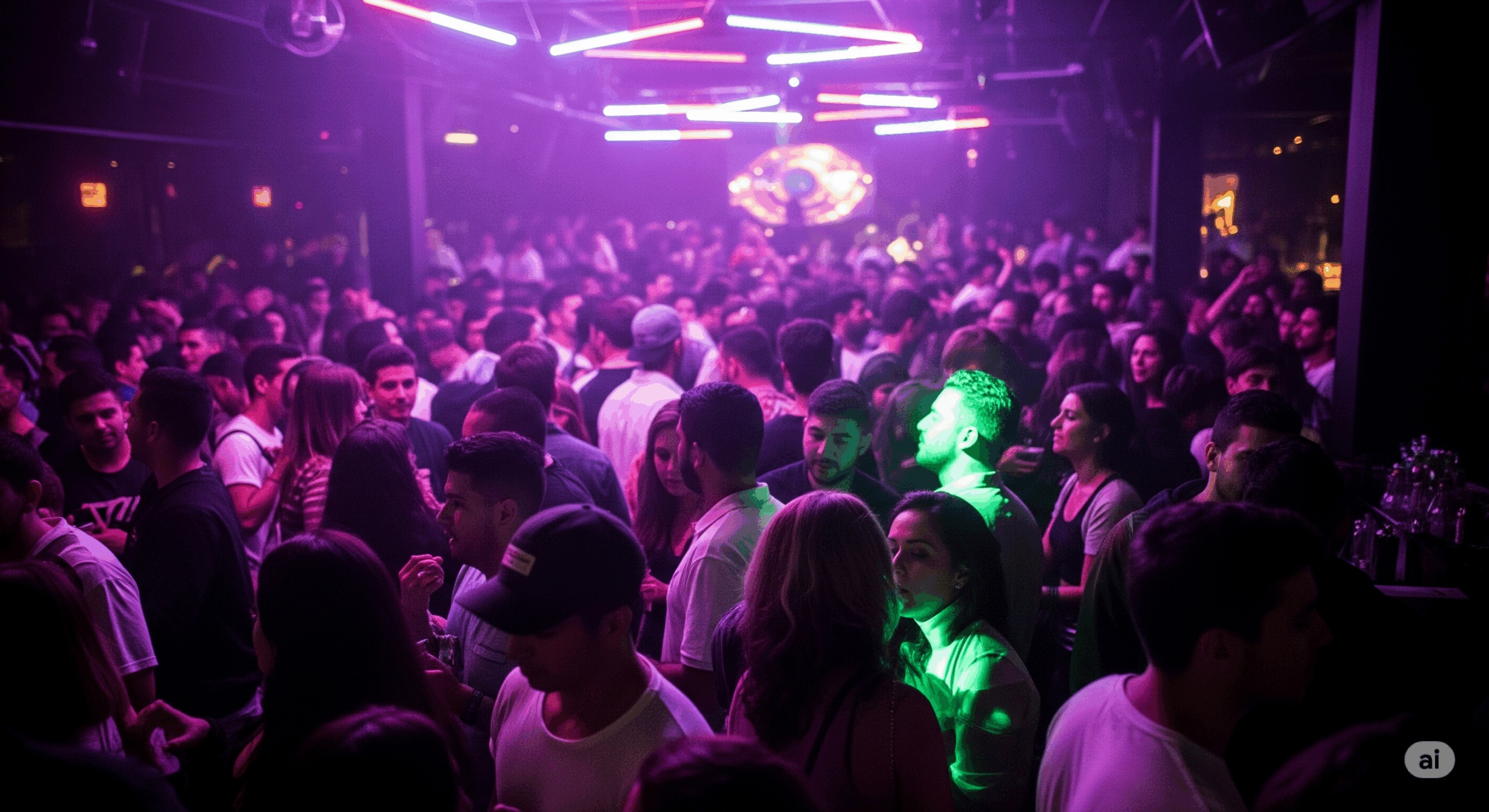 Energetic, smiling, multiracial individuals enjoying a Latin EDM festival in a smoky nightclub illuminated by flashing pink, purple, and blue lights.