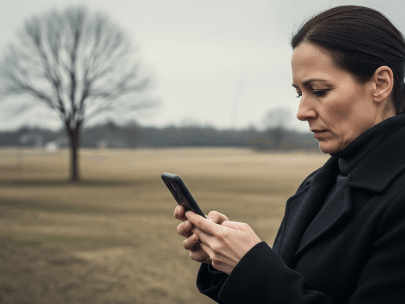 women black coat looking at her phone chatting with AI