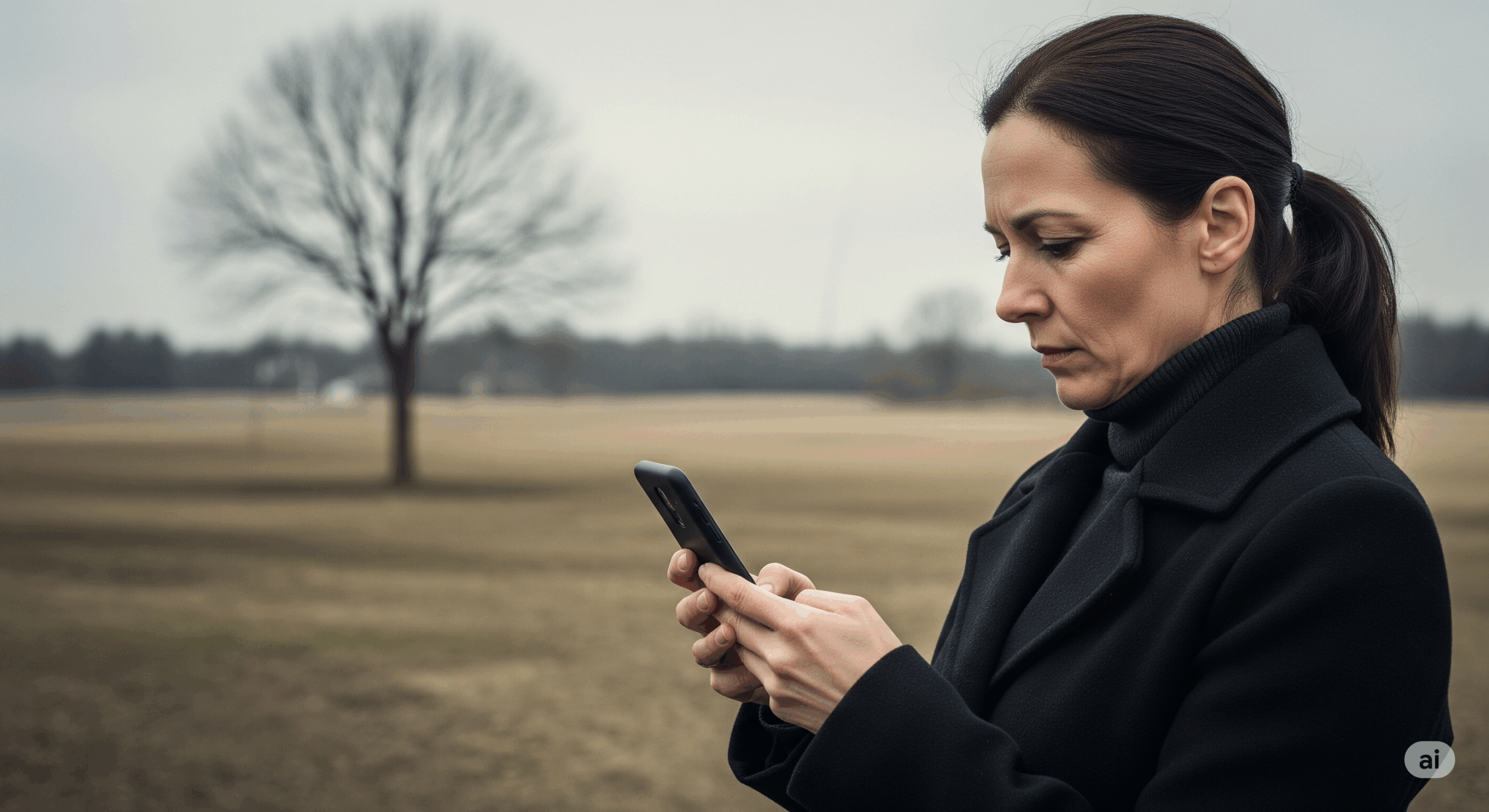 women black coat looking at her phone chatting with AI