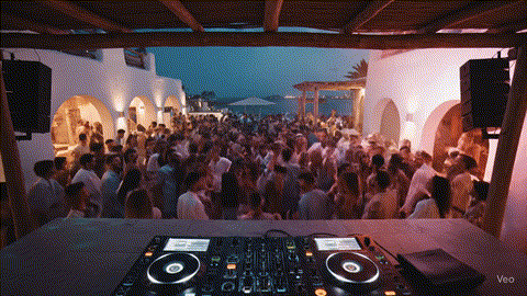 Top-down view from DJ booth overlooking a packed open-air Ibiza nightclub with people dancing under colorful LED lights and white stucco architecture at night.
