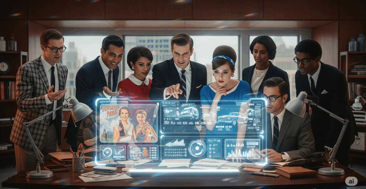 A diverse team of ten creative professionals happily collaborating around a table with a glowing holographic screen in a retro-futuristic marketing office. Using digital marketing.