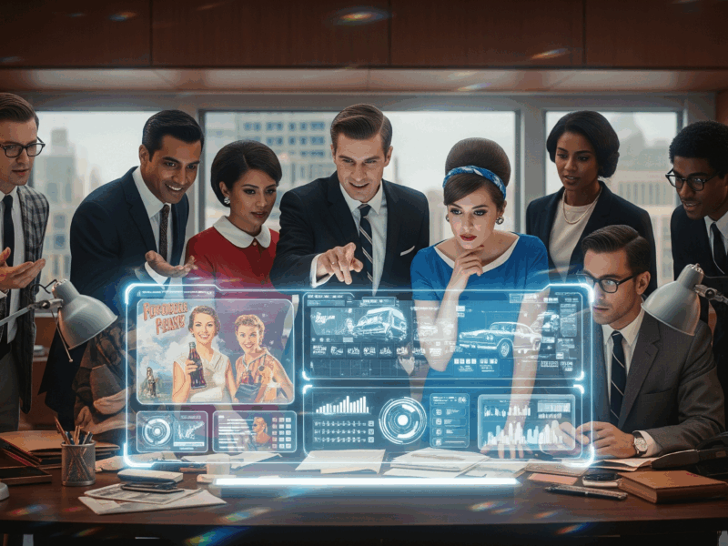 A diverse team of ten creative professionals happily collaborating around a table with a glowing holographic screen in a retro-futuristic marketing office. Using digital marketing.