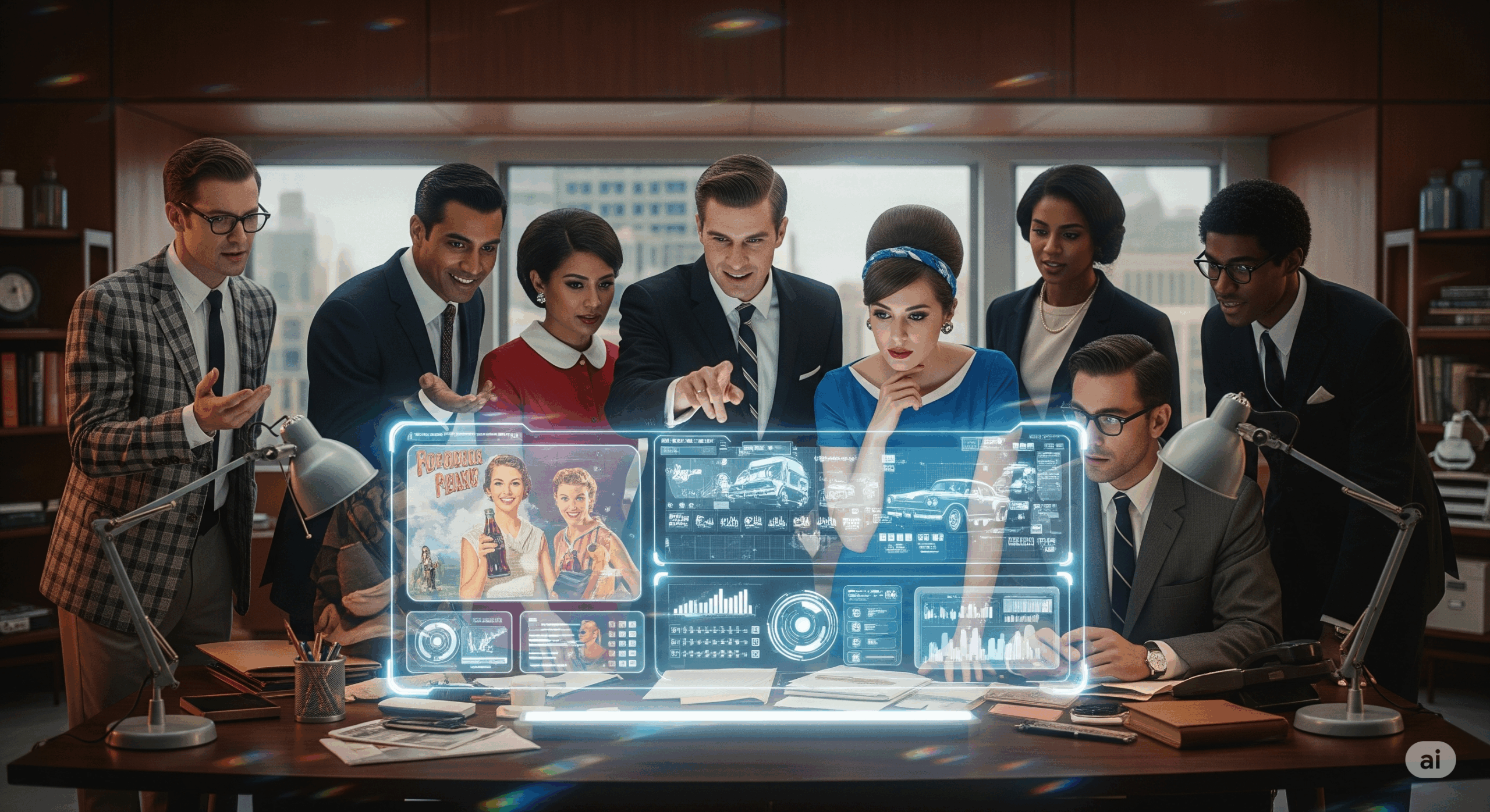 A diverse team of ten creative professionals happily collaborating around a table with a glowing holographic screen in a retro-futuristic marketing office. Using digital marketing.