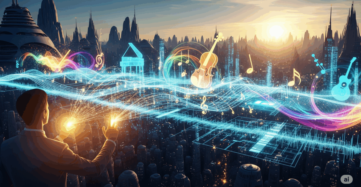 A digital illustration shows a human figure in the foreground, facing a futuristic cityscape. From their hands, glowing lines of code and sound waves flow, creating a vibrant, abstract landscape with floating musical instruments and notes, representing the blend of human creativity and AI technology.