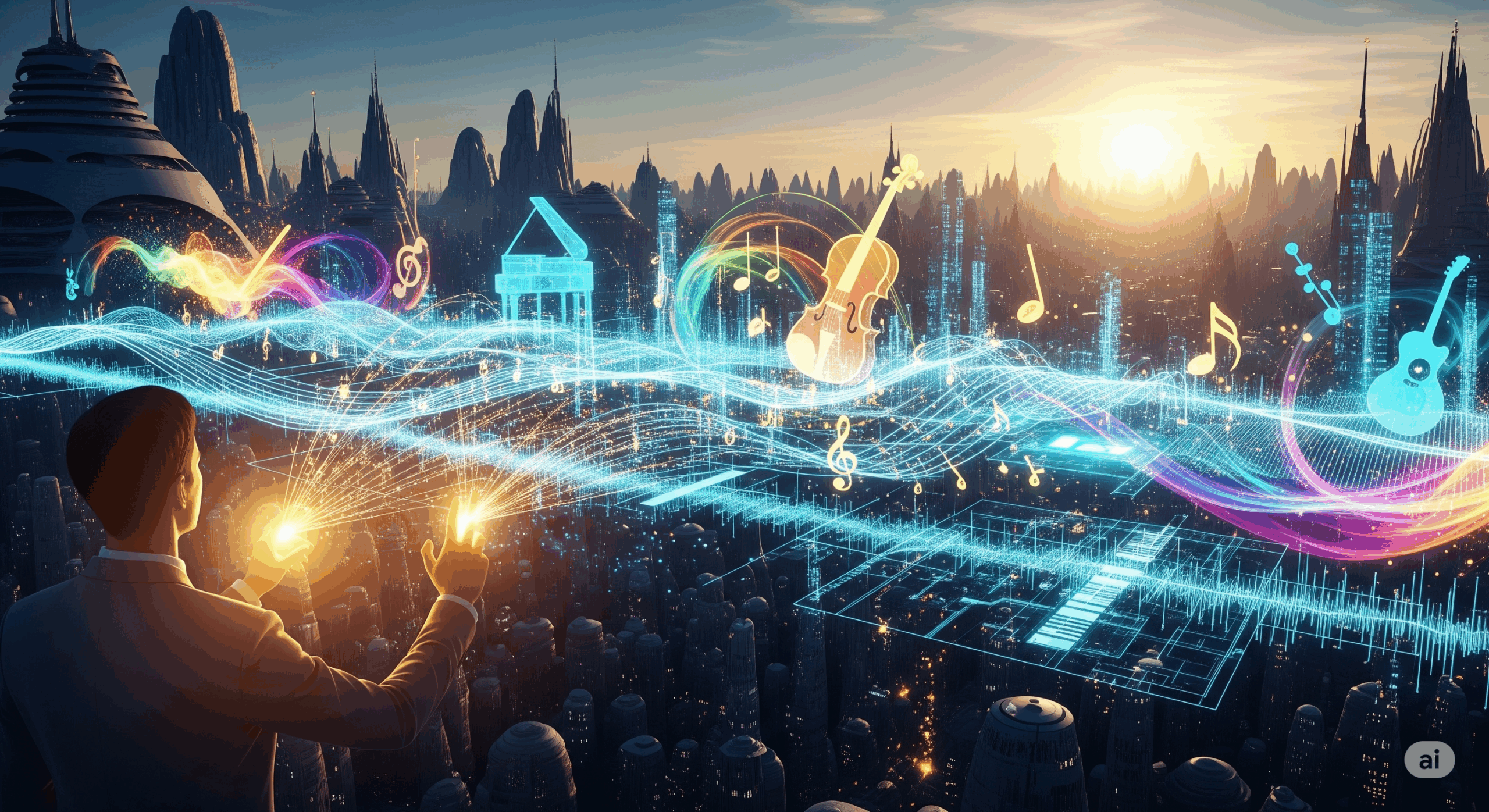A digital illustration shows a human figure in the foreground, facing a futuristic cityscape. From their hands, glowing lines of code and sound waves flow, creating a vibrant, abstract landscape with floating musical instruments and notes, representing the blend of human creativity and AI technology.