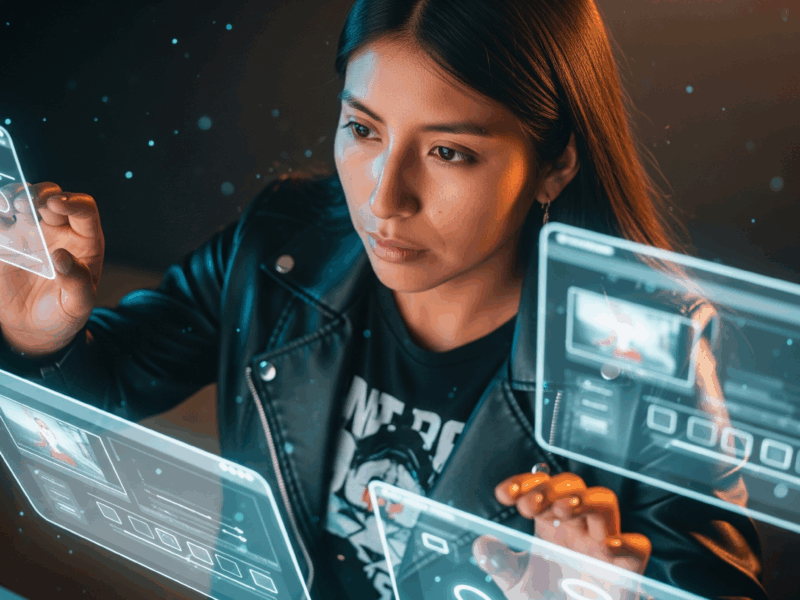 A young Peruvian woman works with multiple floating holographic screens displaying video generation tools.
